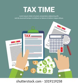 State taxes. Tax payment. Government taxes. Data analysis, paperwork, financial research, report. 