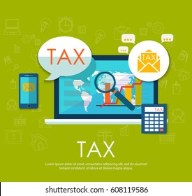 State taxes. Tax payment. Government taxes. Data analysis, paperwork, financial research, report. Businessman calculation tax. Calculation of tax return. Flat design