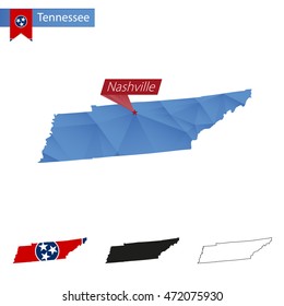 State of Tennessee blue Low Poly map with capital Nashville, versions with flag, black and outline. Vector Illustration.