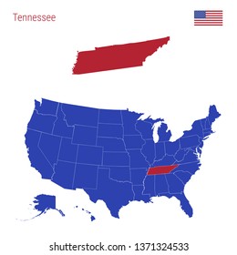 The State of Tennessee is Highlighted in Red. Blue Vector Map of the United States Divided into Separate States. Map of the USA Split into Individual States.