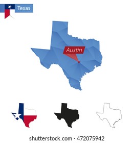 State of Texas blue Low Poly map with capital Austin, versions with flag, black and outline. Vector Illustration.