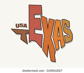 Bundesstaat Texas mit dem Namen verzerrt in Staatsform. Pop Art Vektorgrafik für Aufkleber, T-Shirts, Poster, Social Media und Printmedien.