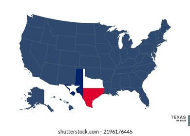 State of Texas on blue map of United States of America. Flag and map of Texas. Vector illustration.