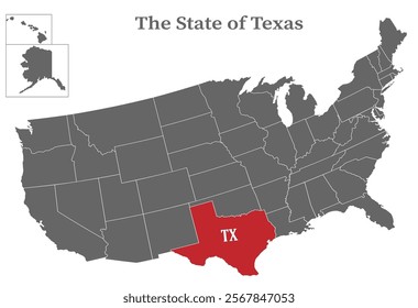 The state of Texas on the map of the United States of America is highlighted in red. States of the USA with borders on a general map