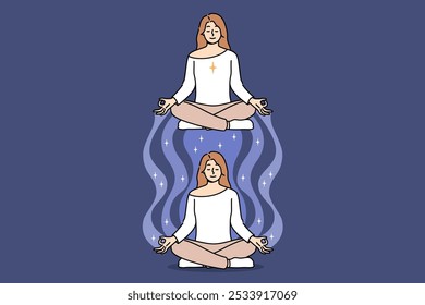 Estado de transe de mulher meditando sentada em posição de lótus, com alma deixando o corpo. Transe esotérico e viagem astral para a menina que se preocupa com a saúde mental e a iluminação da mente