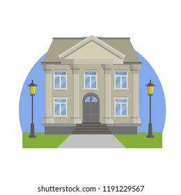 State University with Greek columns. Higher education and training. College building. City sight. Government house with green lawn

