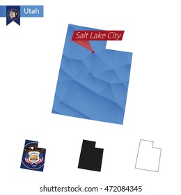 State of Utah blue Low Poly map with capital Salt Lake City, versions with flag, black and outline. Vector Illustration.