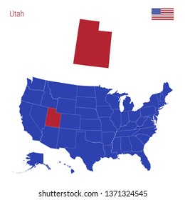 The State of Utah is Highlighted in Red. Blue Vector Map of the United States Divided into Separate States. Map of the USA Split into Individual States.