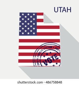 State of Utah vector graphic map with flag and presidential day vote stamp