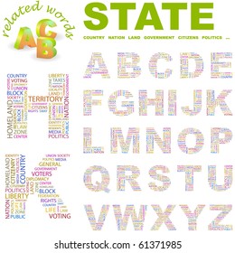 STATE. Vector letter collection. Illustration with different association terms.