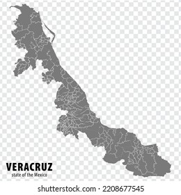 Mapa del estado Veracruz de México sobre fondo transparente. Mapa en blanco de Veracruz con regiones en gris para el diseño de tu sitio web, logotipo, aplicación, interfaz de usuario. México. EPS10.