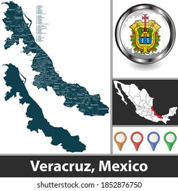 Estado de Veracruz con municipios y ubicación en el mapa mexicano. Imagen del vector