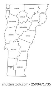 State of Vermont subdivided into 14 counties, outline map. State in the New England region of the Northeastern United States, nicknamed The Green Mountain State. Map with boundaries and county names.