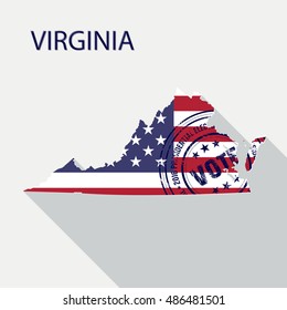 State of Virginia vector graphic map with flag and presidential day vote stamp