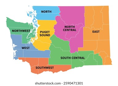 State of Washington, census regions, multi colored political map. Eight geographical regions, used for statistical purposes. Westernmost state in the Pacific Northwest region of the United States.