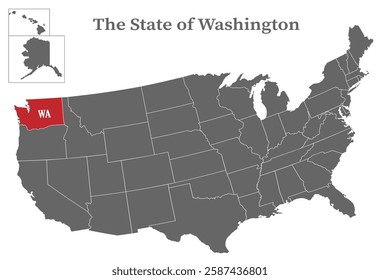 The state of Washington on the map of the United States of America is highlighted in red. States of the USA with borders on a general map