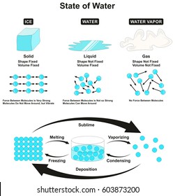 State of Water infographic solid ice liquid and vapor gas with physical characteristics and properties of shape volume and force between molecules transition from one state to another for education