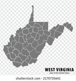 State West Virginia map on transparent background. Blank map of  West Virginia with  regions in gray for your web site design, logo, app, UI. USA. EPS10