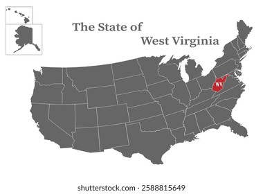 The state of West Virginia on the map of the United States of America is highlighted in red. States of the USA with borders on a general map