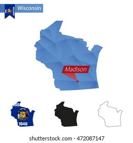State of Wisconsin blue Low Poly map with capital Madison, versions with flag, black and outline. Vector Illustration.