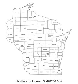 State of Wisconsin subdivided into 72 counties, outline map. A state in the Great Lakes region of the Upper Midwest of the United States, nicknamed Badger State. Map with boundaries and county names.