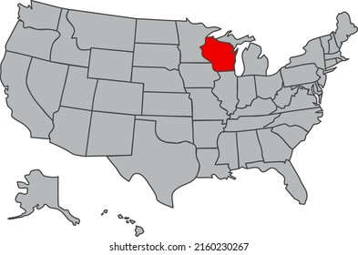 State Wisconsin vector illustration in gray color. United States of America map. Highlighted in red territory of the US. Contours of the USA. Web, study, articles, economy, geography, demography