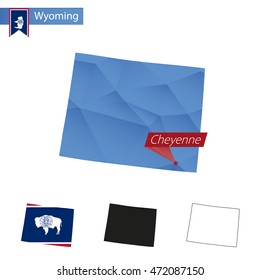 State of Wyoming blue Low Poly map with capital Cheyenne, versions with flag, black and outline. Vector Illustration.