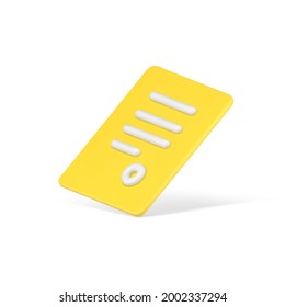 Contrato 3d de color amarillo con sello. Hoja volumétrica comercial con franjas de texto y sello redondo. Acuerdo de seguridad digital con transacción en línea. Plantilla de icono aislado de vectores