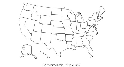 State-by-state vector divided map of the United States of America in a simple black line style, for drawing. Coloring page of the United States.
