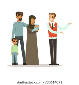 Stateless Refugee Family Talking With Volunteer Doing A Welcome Gesture, War Victims Concept Vector Illustration