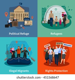 Stateless refugees  2x2 design concept set of political refuge illegal immigrants rights protection meeting flat compositions  vector illustration