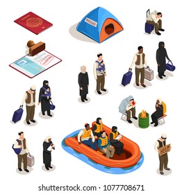 Stateless refugees asylum icons isometric collection with isolated images of documents and human characters of people vector illustration