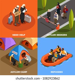 Stateless refugees asylum icons isometric 2x2 design concept with human characters of displaced persons and text vector illustration