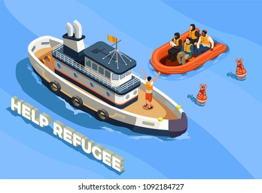 Stateless refugees asylum icons isometric composition with text sea landscape and ship with refugee immigrant people vector illustration