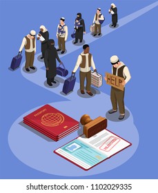 Stateless refugees asylum icons isometric composition with characters of displaced persons and rejected visa in passport vector illustration