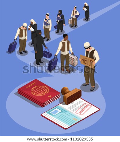 Stateless refugees asylum icons isometric composition with characters of displaced persons and rejected visa in passport vector illustration