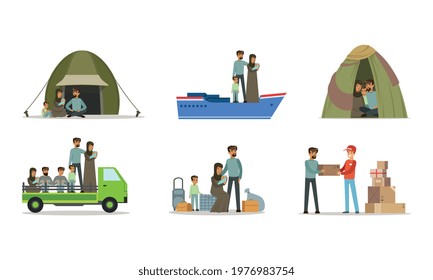 Stateless Refugees or Displaced People Crossing National Boundary Escaping War and Poverty Vector Illustration Set