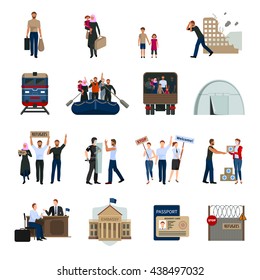 Stateless refugees flat icons set with illegal immigrants camps embassy building foreign passport symbols isolated vector illustration