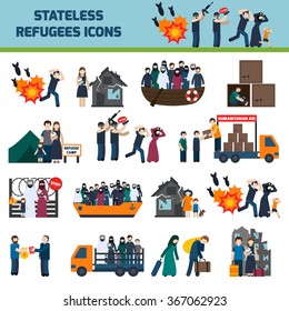 Stateless refugees icons set with illigal immigrants isolated vector illustration