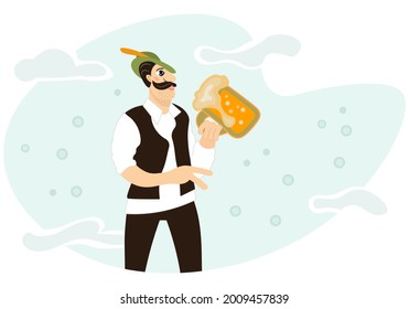 A stately Bavarian man with a mustache and beard in traditional suit is holding a large mug of beer. Sky blue background with clouds. Festival Oktoberfest. Beer day. Vector. Banner poster postcard