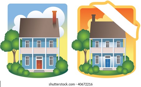 Stately two-story house and grounds. One version features a blank banner for addition of your text. Editable vector art with elements on separate layers for easy editing.