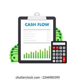 Statement of Cash Flows. Clipboard with financial report. Modern flat design graphic elements. Banknote calculator. Financial statement document. Finance and business concept. Vector illustration