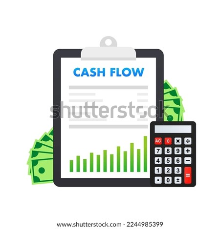 Statement of Cash Flows. Clipboard with financial report. Modern flat design graphic elements. Banknote calculator. Financial statement document. Finance and business concept. Vector illustration