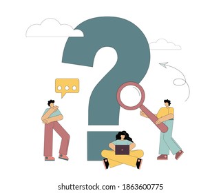 Statement of a question. Search for an answer. People look, study the question mark. Vector flat illustration.