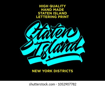 Staten Island hand made calligraphic lettering logotype in dynamic brush style. Typographic design work in neon color best for t-shirt print, greetings, media. New York city theme in original style.