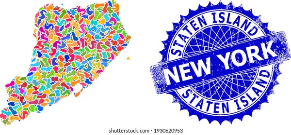 abstracción de mapas de Staten Island. Collage de puntos y sello de grosería para el mapa de Staten Island. Marca azul rosetón nítida con pie de foto para el mapa de Staten Island.