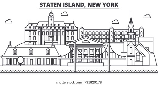 Staten Island, New York Architecture Line Skyline Illustration. Linear Vector Cityscape With Famous Landmarks, City Sights, Design Icons. Landscape Wtih Editable Strokes