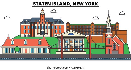 Staten Island, New York. City Skyline, Architecture, Buildings, Streets, Silhouette, Landscape, Panorama, Landmarks, Icons. Editable Strokes. Flat Design Line Vector Illustration Concept