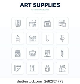 State-of-the-art bundle featuring 16 PIXEL perfect vector icons inspired by Art Supplies, created in Thin Outline format at 128x128 for next-generation interfaces.