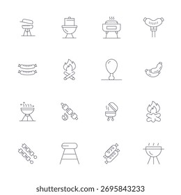 Pacote de última geração com 16 ícones vetoriais PIXEL Perfect inspirados em Barbecue, criado no formato Thin Line em 64x64 para interfaces de última geração.